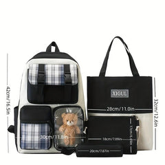 Preppy School Bag Set Colorblock Backpack Handbag Shoulder Bag Long Pouch