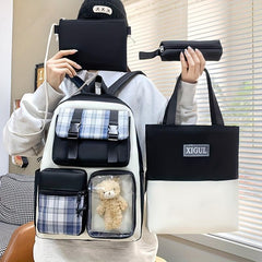 Preppy School Bag Set Colorblock Backpack Handbag Shoulder Bag Long Pouch