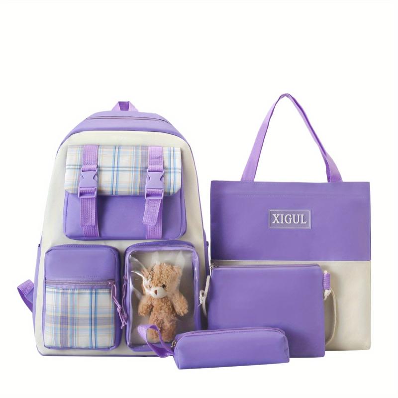 Preppy School Bag Set Colorblock Backpack Handbag Shoulder Bag Long Pouch