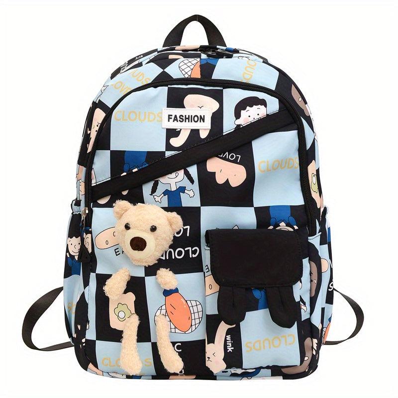 Cartoon Pattern Backpack Zipper Bear Decor Daypack