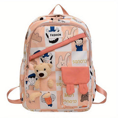 Cartoon Pattern Backpack Zipper Bear Decor Daypack