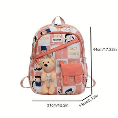 Cartoon Pattern Backpack Zipper Bear Decor Daypack