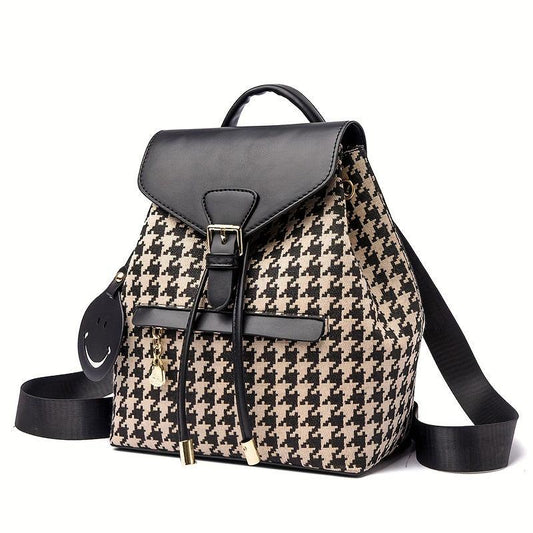 Houndstooth Flap Backpack Drawstring Daypack Women's Travel School Bag