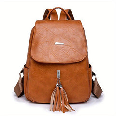 Casual Vintage Zipper Backpack Solid Rucksack With Tassel