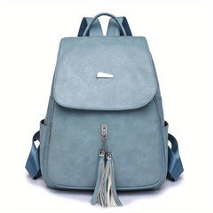Casual Vintage Zipper Backpack Solid Rucksack With Tassel