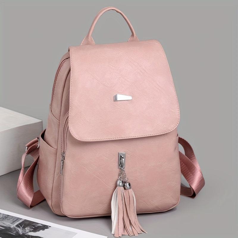 Casual Vintage Zipper Backpack Solid Rucksack With Tassel