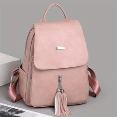 Casual Vintage Zipper Backpack Solid Rucksack With Tassel