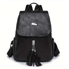 Casual Vintage Zipper Backpack Solid Rucksack With Tassel
