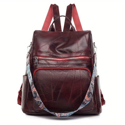 Vintage Solid Backpack Zipper Classic Rucksack With Detachable Strap Women's