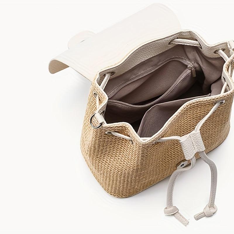 Straw Drawstring Backpack Woven Beach Backpack Women's Daypack