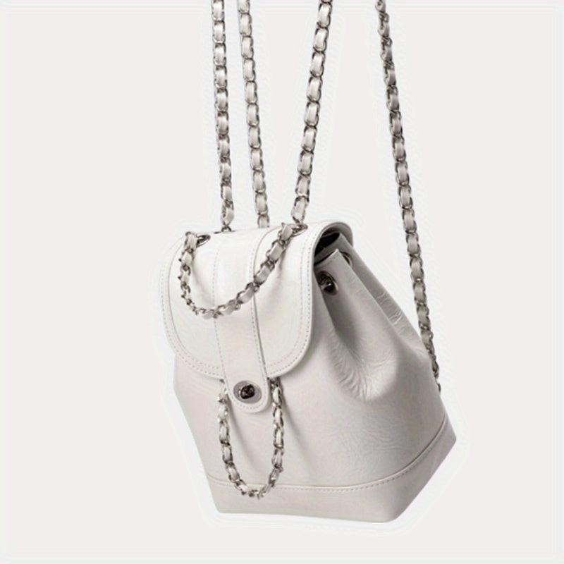 Drawstring Metal Chain Backpack PU Leather Textured School Travel Bag