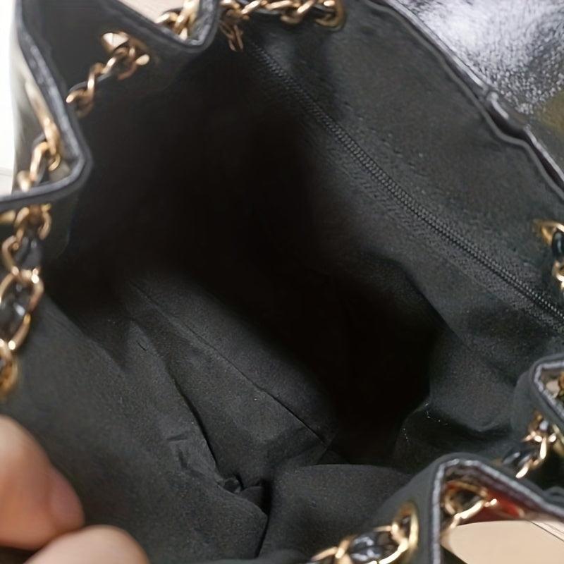 Drawstring Metal Chain Backpack PU Leather Textured School Travel Bag