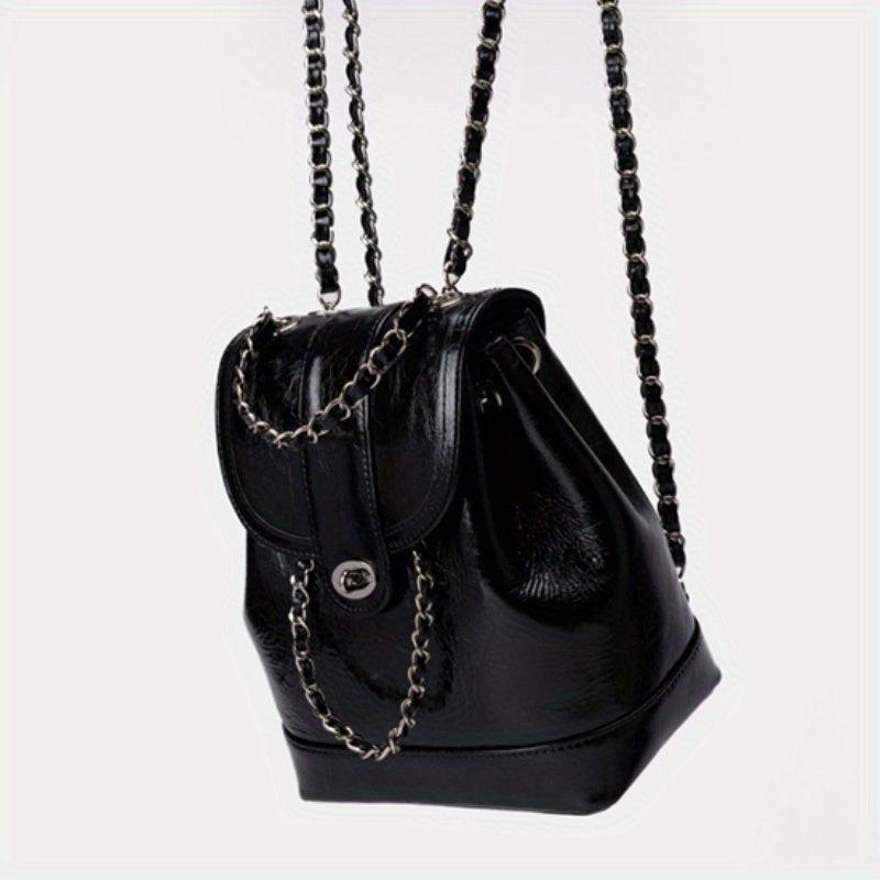 Drawstring Metal Chain Backpack PU Leather Textured School Travel Bag