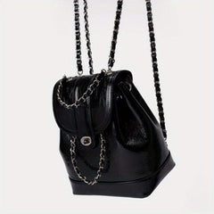 Drawstring Metal Chain Backpack PU Leather Textured School Travel Bag