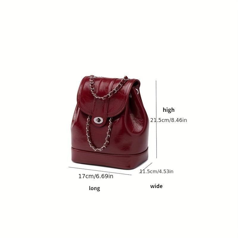 Drawstring Metal Chain Backpack PU Leather Textured School Travel Bag