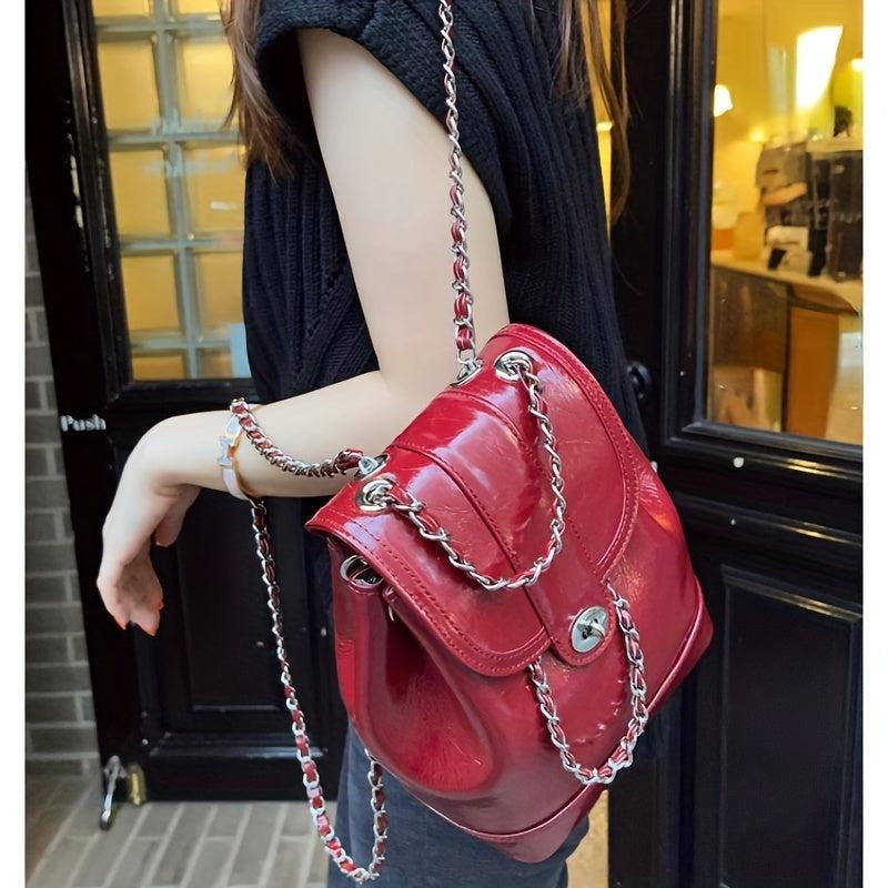 Drawstring Metal Chain Backpack PU Leather Textured School Travel Bag