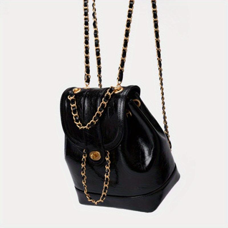 Drawstring Metal Chain Backpack PU Leather Textured School Travel Bag