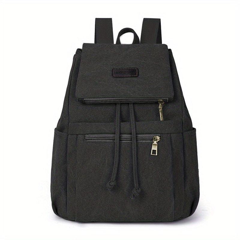 Vintage Canvas Pocket Flap Backpack Lightweight Drawstring Schoolbag