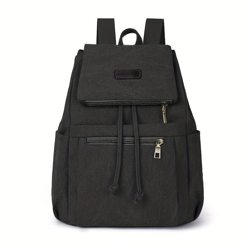 Vintage Canvas Pocket Flap Backpack Lightweight Drawstring Schoolbag