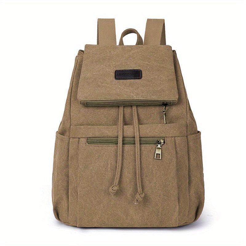 Vintage Canvas Pocket Flap Backpack Lightweight Drawstring Schoolbag
