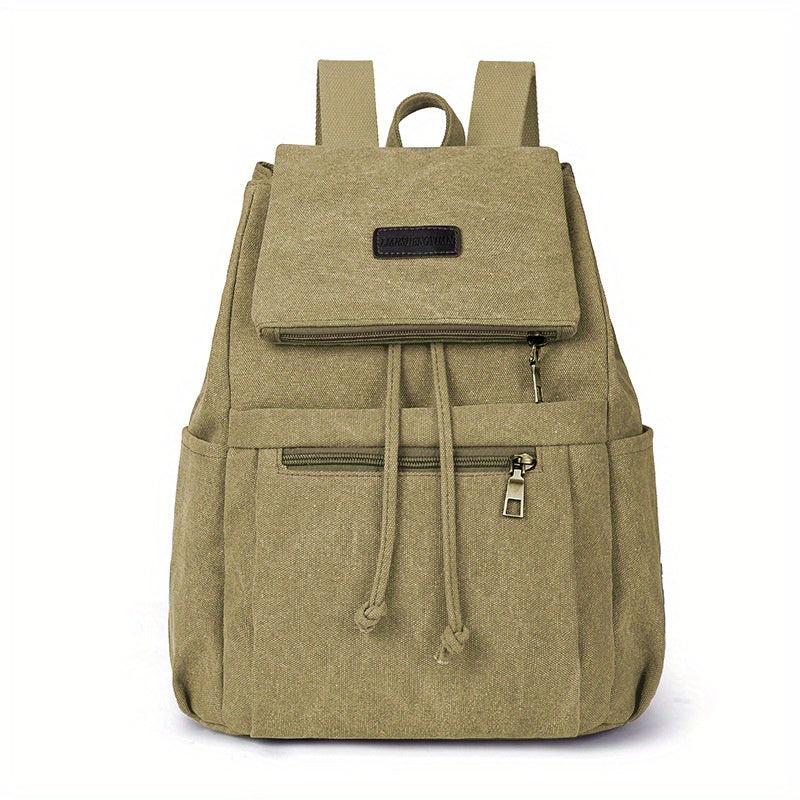 Vintage Canvas Pocket Flap Backpack Lightweight Drawstring Schoolbag