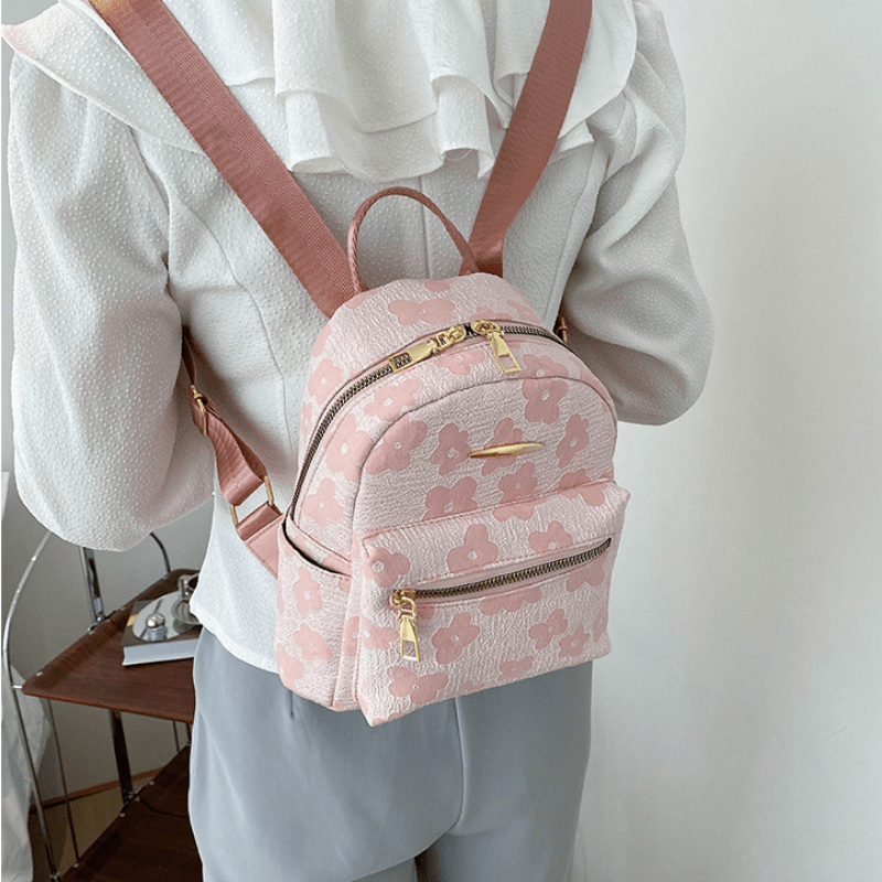 Flower Embossed Backpack Zipper Stylish Daypack Women's Travel Bag