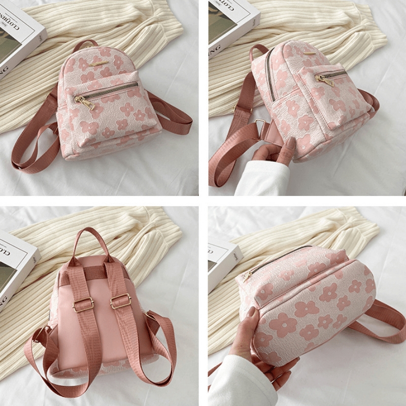 Flower Embossed Backpack Zipper Stylish Daypack Women's Travel Bag