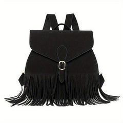 Retro Flap Backpack with Fringe Decor - Travel & Work Daypack