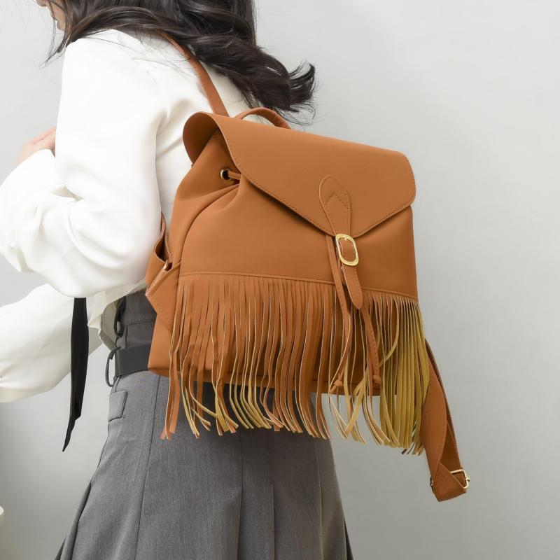 Retro Flap Backpack with Fringe Decor - Travel & Work Daypack