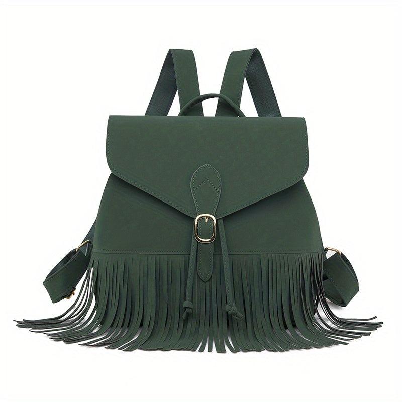 Retro Flap Backpack with Fringe Decor - Travel & Work Daypack