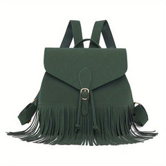 Retro Flap Backpack with Fringe Decor - Travel & Work Daypack