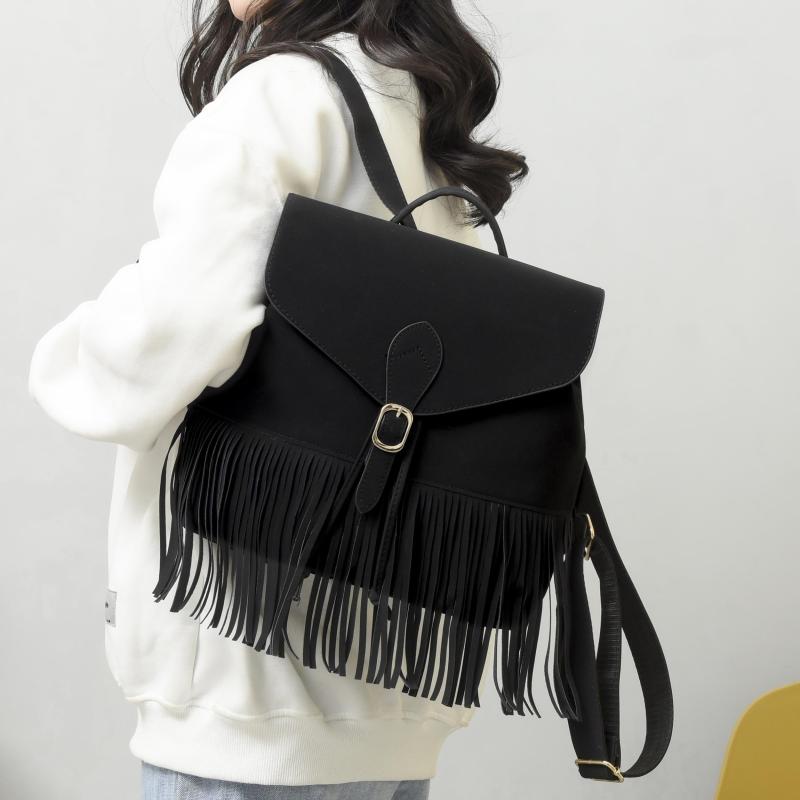Retro Flap Backpack with Fringe Decor - Travel & Work Daypack