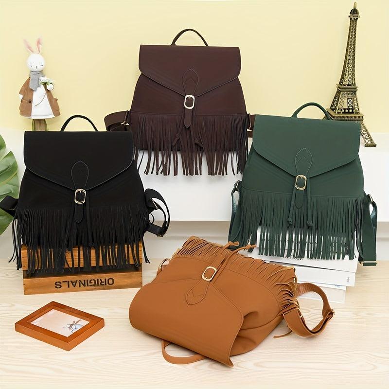 Retro Flap Backpack with Fringe Decor - Travel & Work Daypack