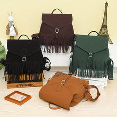 Retro Flap Backpack with Fringe Decor - Travel & Work Daypack