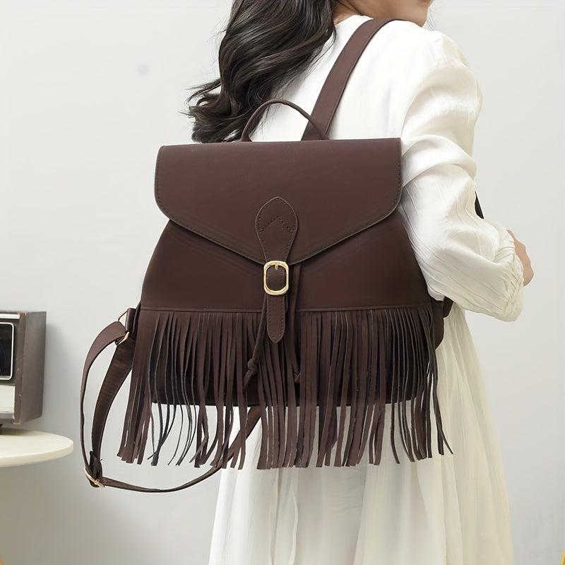 Retro Flap Backpack with Fringe Decor - Travel & Work Daypack
