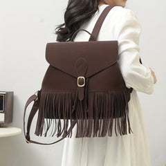 Retro Flap Backpack with Fringe Decor - Travel & Work Daypack