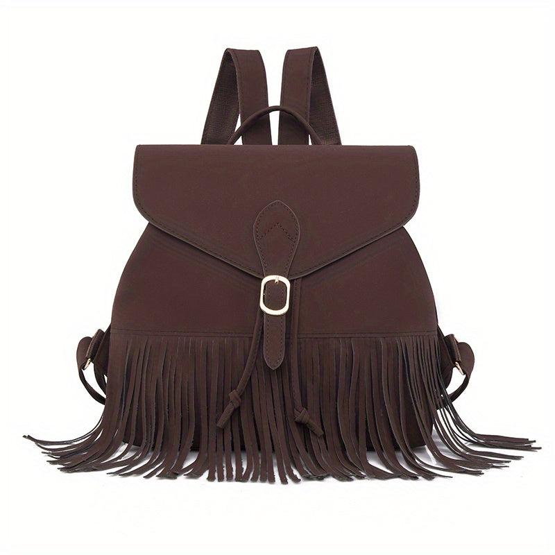 Retro Flap Backpack with Fringe Decor - Travel & Work Daypack
