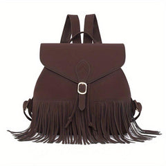 Retro Flap Backpack with Fringe Decor - Travel & Work Daypack