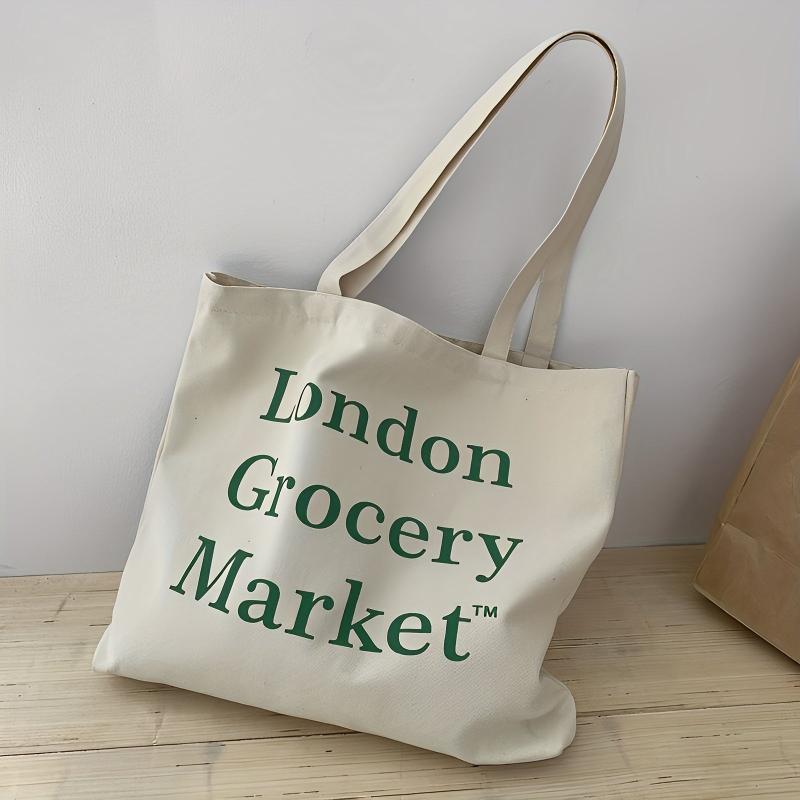 Women's Reusable Letter Print Tote Bag Canvas Shoulder Bag