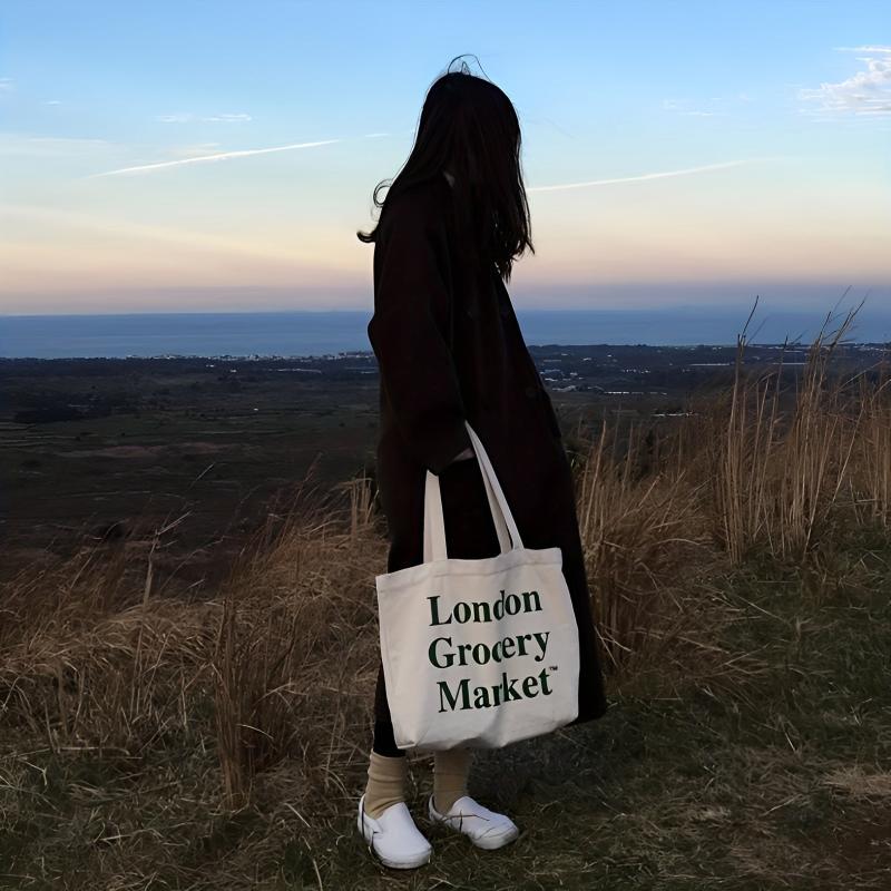 Women's Reusable Letter Print Tote Bag Canvas Shoulder Bag
