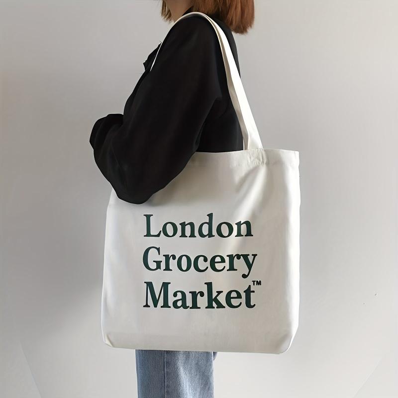 Women's Reusable Letter Print Tote Bag Canvas Shoulder Bag