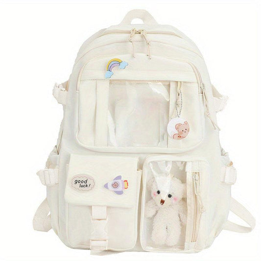 Large Capacity Backpack w/ Charm Y2K Zipper Pockets Waterproof Bag