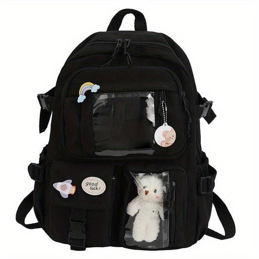 Large Capacity Backpack w/ Charm Y2K Zipper Pockets Waterproof Bag