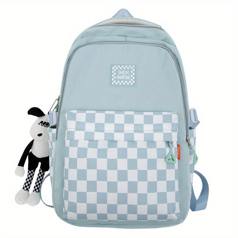 Checkerboard Pattern Backpack Colorblock School Zipper Bag