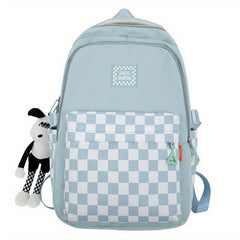 Checkerboard Pattern Backpack Colorblock School Zipper Bag