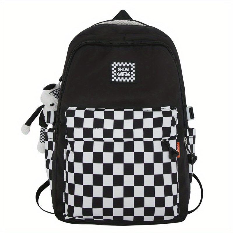 Checkerboard Pattern Backpack Colorblock School Zipper Bag