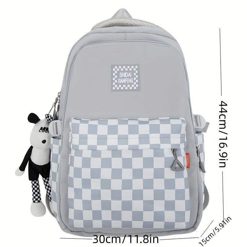 Checkerboard Pattern Backpack Colorblock School Zipper Bag