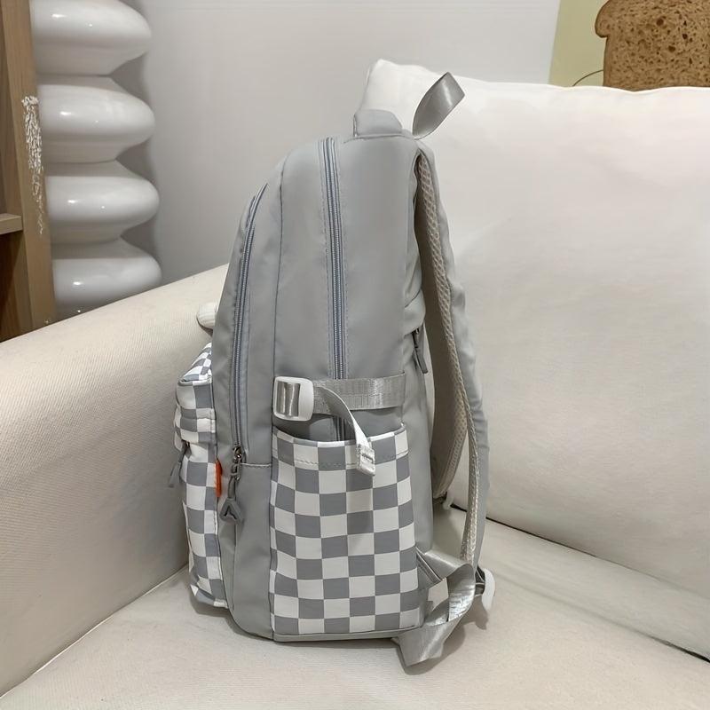 Checkerboard Pattern Backpack Colorblock School Zipper Bag