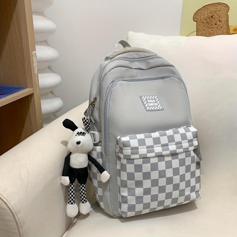 Checkerboard Pattern Backpack Colorblock School Zipper Bag