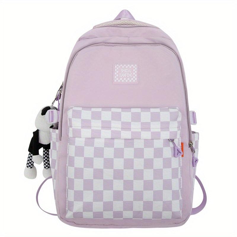 Checkerboard Pattern Backpack Colorblock School Zipper Bag